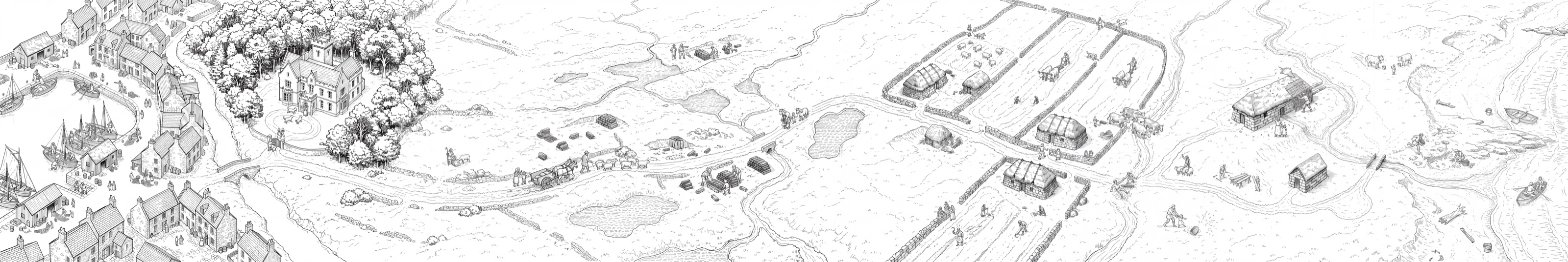 Black-and-white line-art Highland Proverbs Panorama